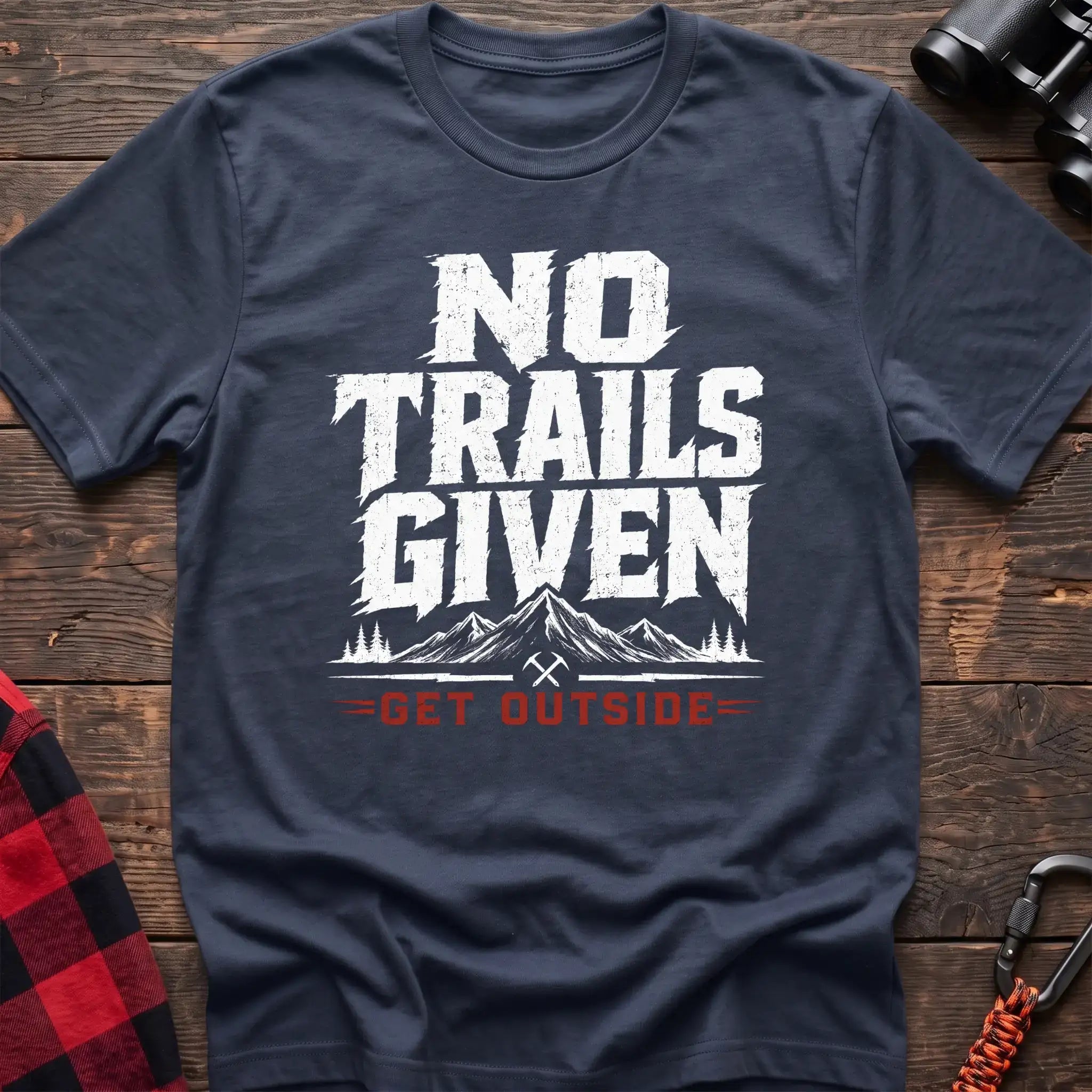 Navy t-shirt with distressed gray text reading No Trails Given above a mountain graphic and red Get Outside text