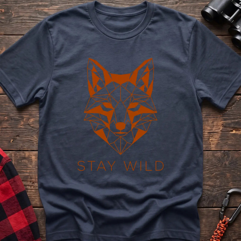 Navy t-shirt with geometric orange fox head graphic and the text Stay Wild