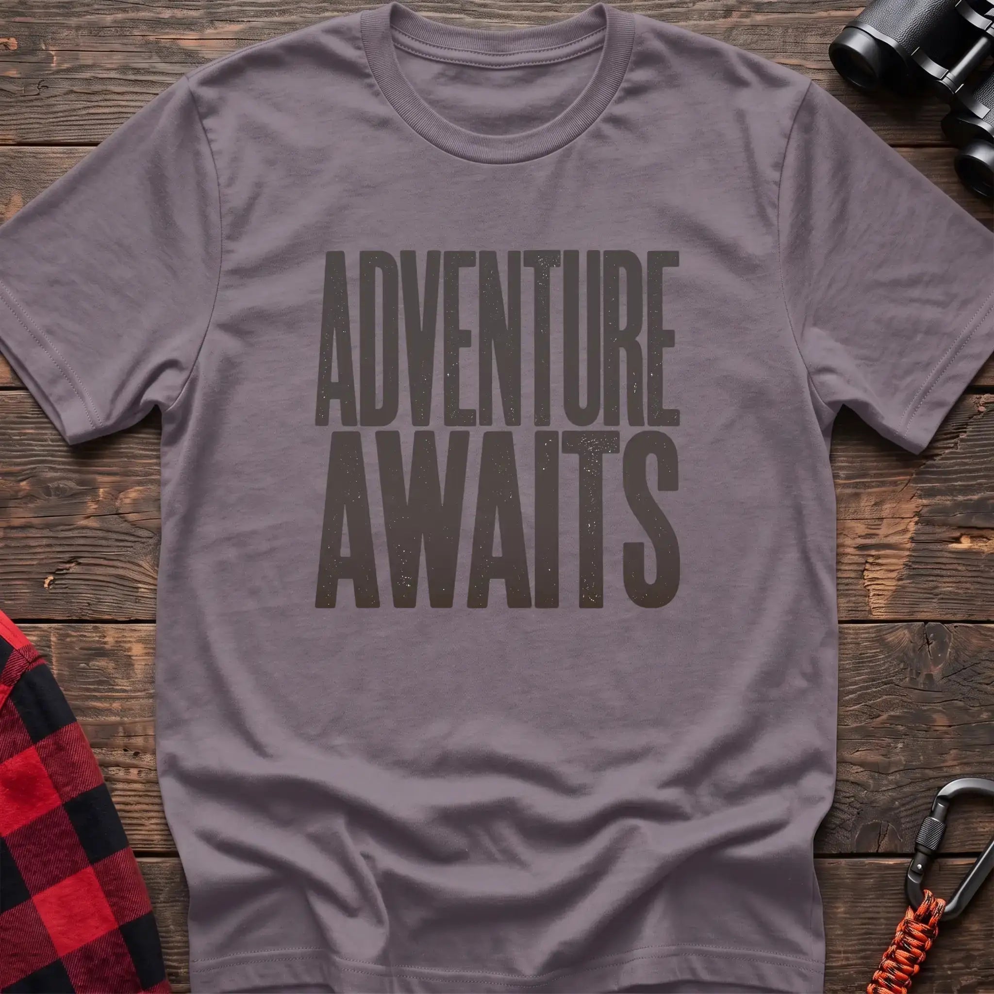 Paragon t-shirt with large distressed gray text reading Adventure Awaits