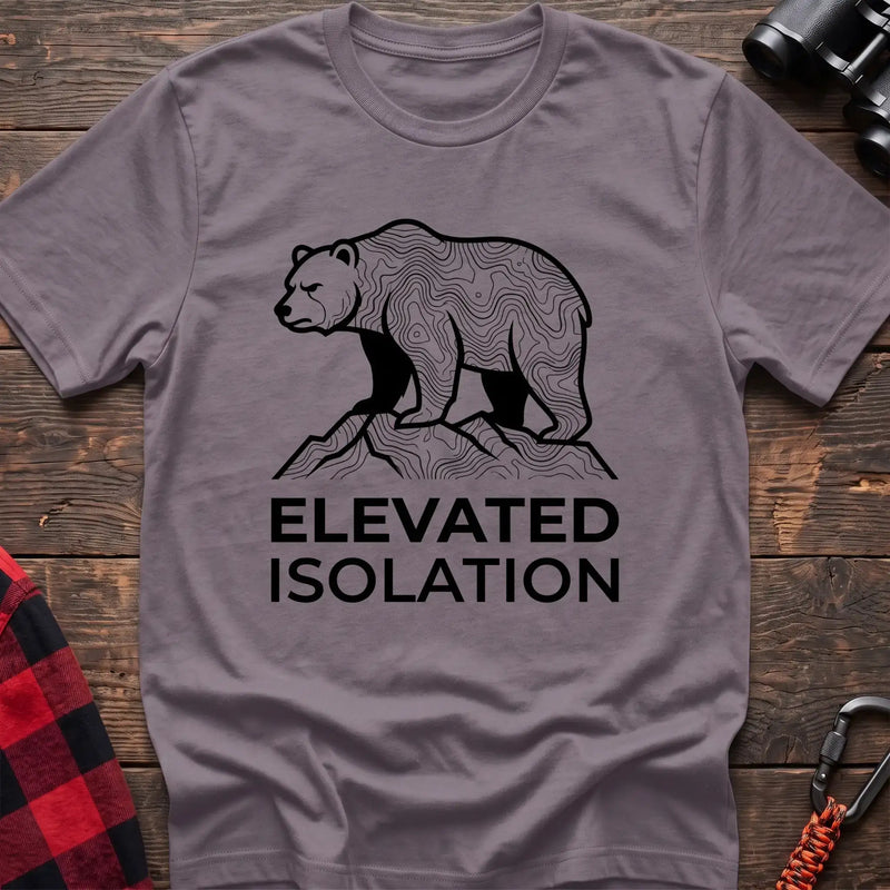 Paragon t-shirt with topographic bear standing on a mountain peak and the text Elevated Isolation