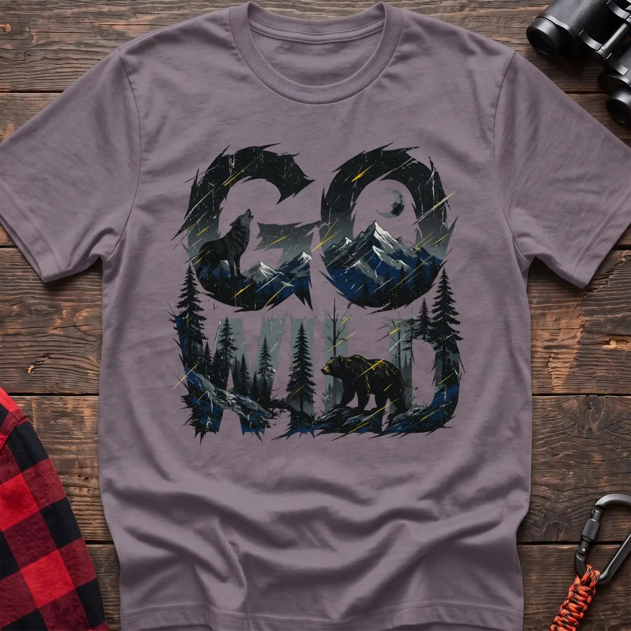 Paragon t-shirt with wilderness scene of a howling wolf and bear integrated into the text Go Wild