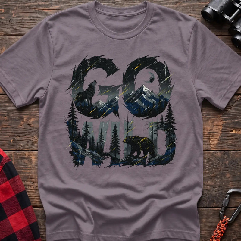 Paragon t-shirt with wilderness scene of a howling wolf and bear integrated into the text Go Wild