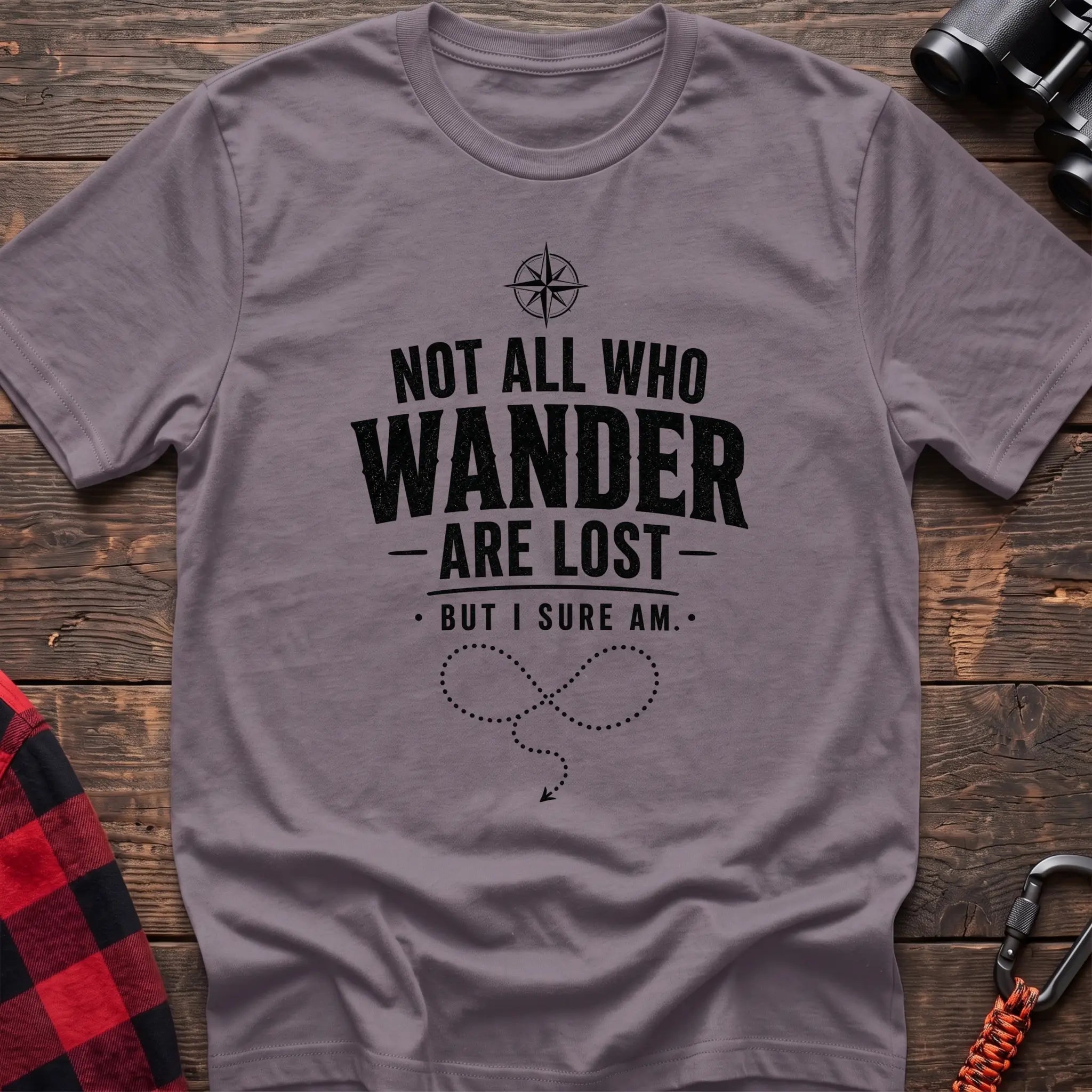 Paragon cotton hiking t-shirt with compass, "Not all who wander are lost but I sure am" quote, and dotted wandering path graphic