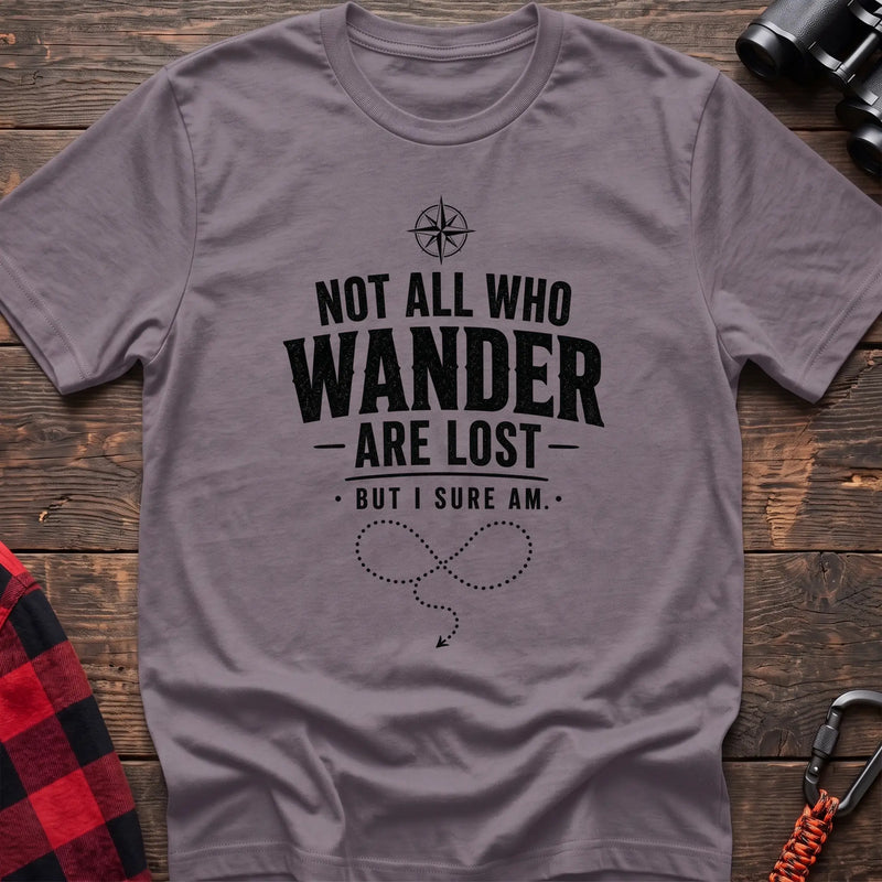 Paragon cotton hiking t-shirt with compass, "Not all who wander are lost but I sure am" quote, and dotted wandering path graphic