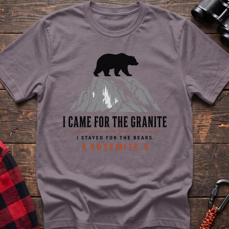 Paragon cotton t-shirt with a bear on granite graphic and I Came for the Granite Yosemite text on rustic wood