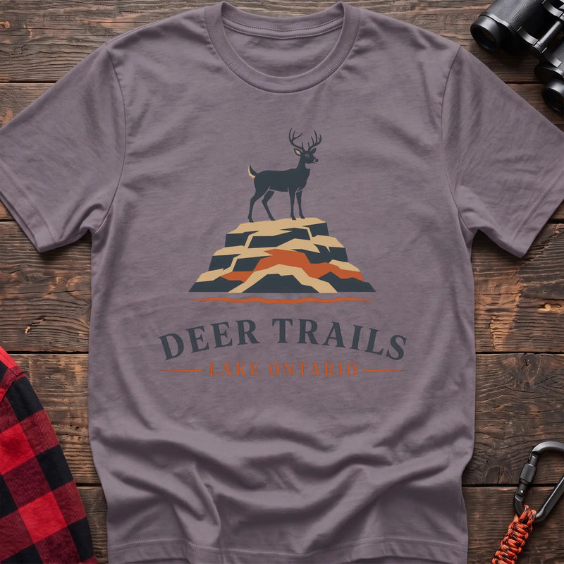 Paragon hiking t-shirt with a deer on a rocky bluff and the text “Deer Trails Lake Ontario”