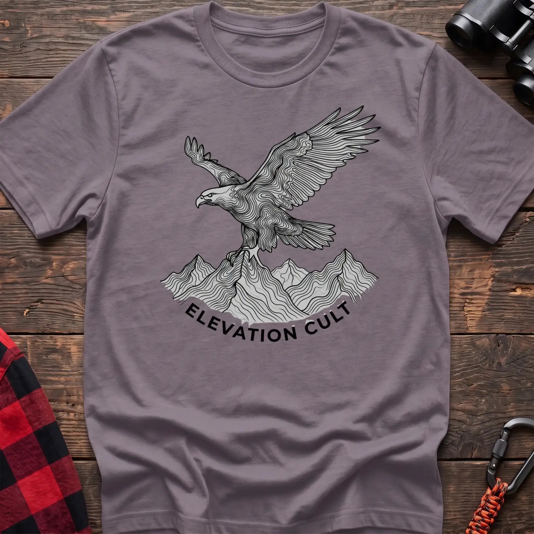 Paragon t-shirt with detailed eagle perched on mountains graphic and the text Elevation Cult