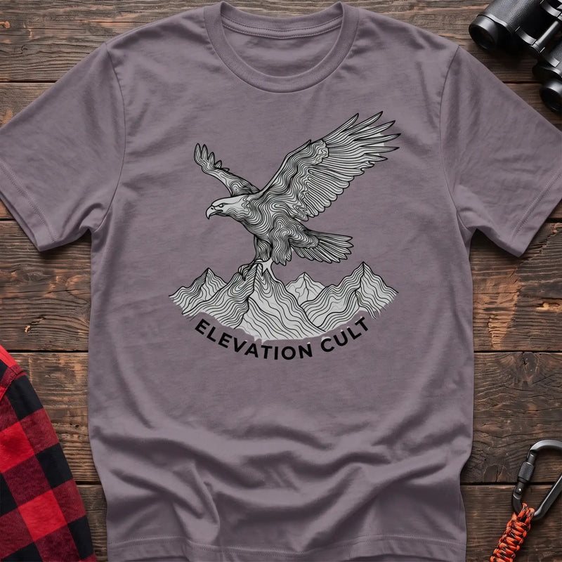 Paragon t-shirt with detailed eagle perched on mountains graphic and the text Elevation Cult