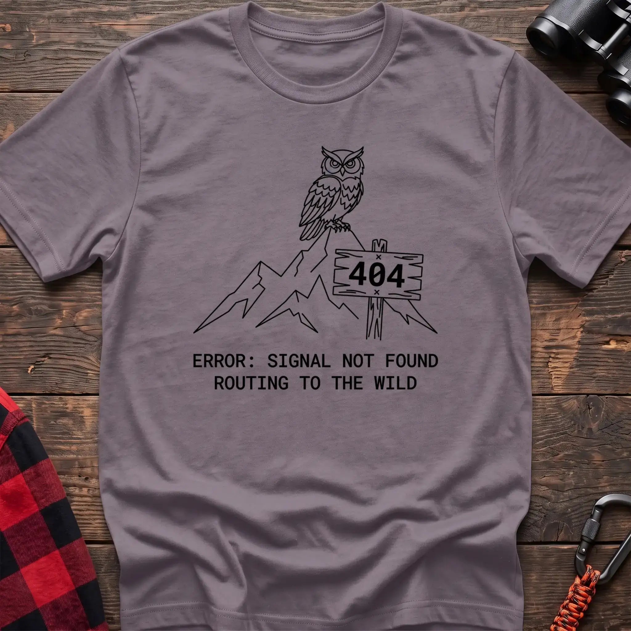 Paragon t-shirt with owl on a mountain peak next to a 404 sign and the text Error Signal Not Found Routing to the Wild