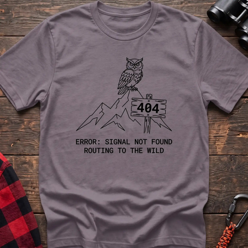 Paragon t-shirt with owl on a mountain peak next to a 404 sign and the text Error Signal Not Found Routing to the Wild