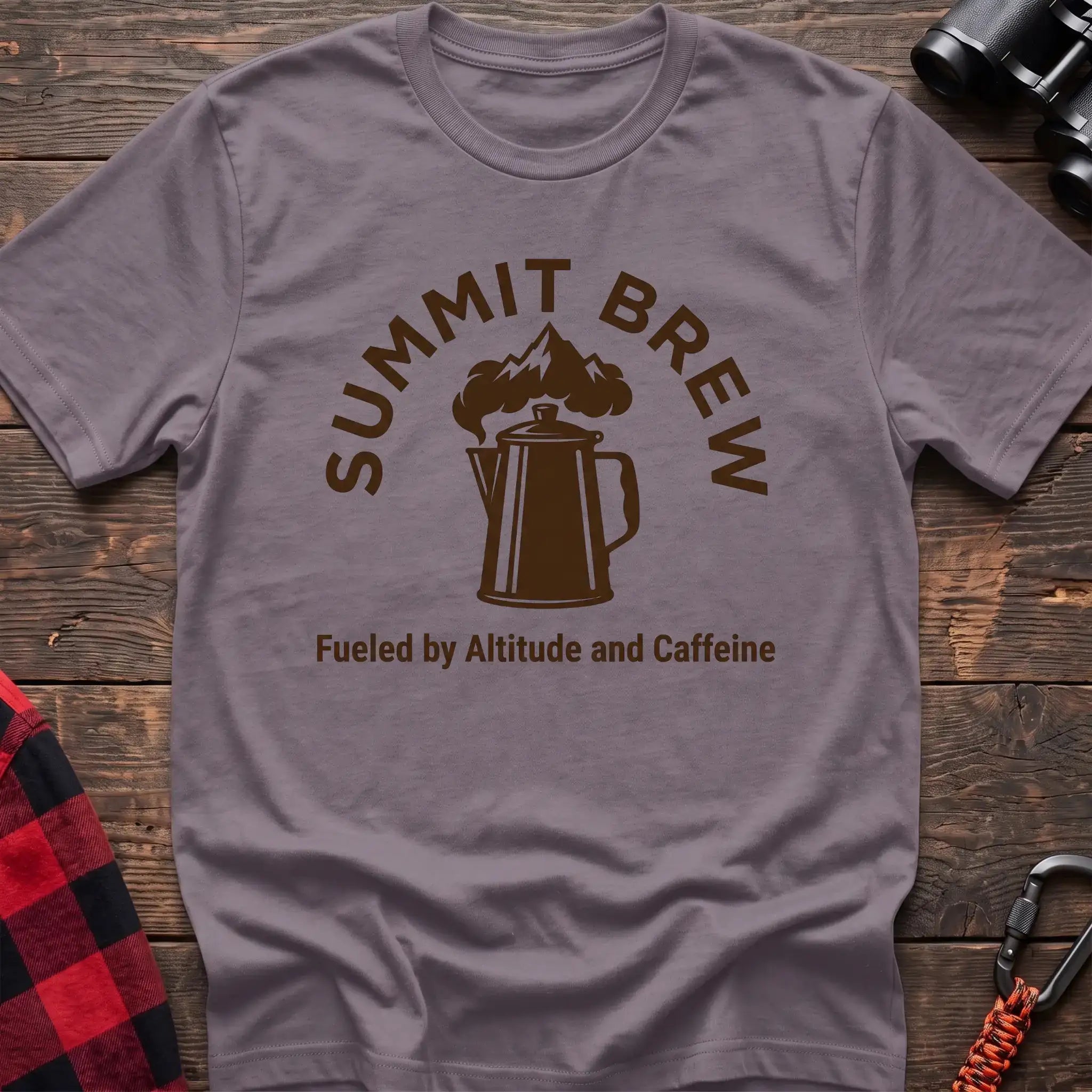 Paragon t-shirt with brown coffee percolator and mountain graphic reading Summit Brew Fueled by Altitude and Caffeine