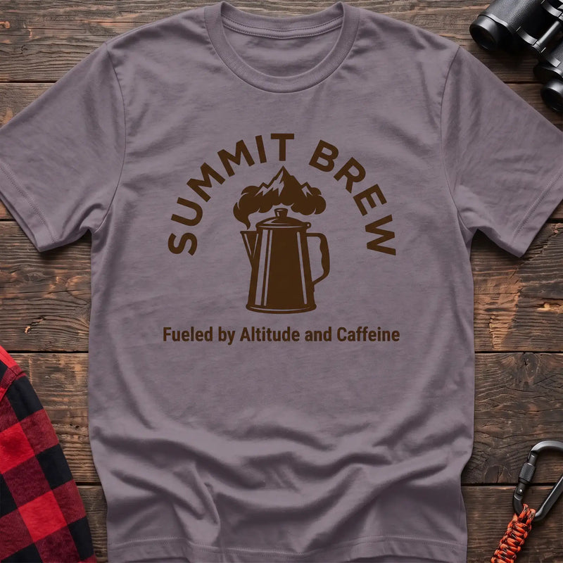 Paragon t-shirt with brown coffee percolator and mountain graphic reading Summit Brew Fueled by Altitude and Caffeine