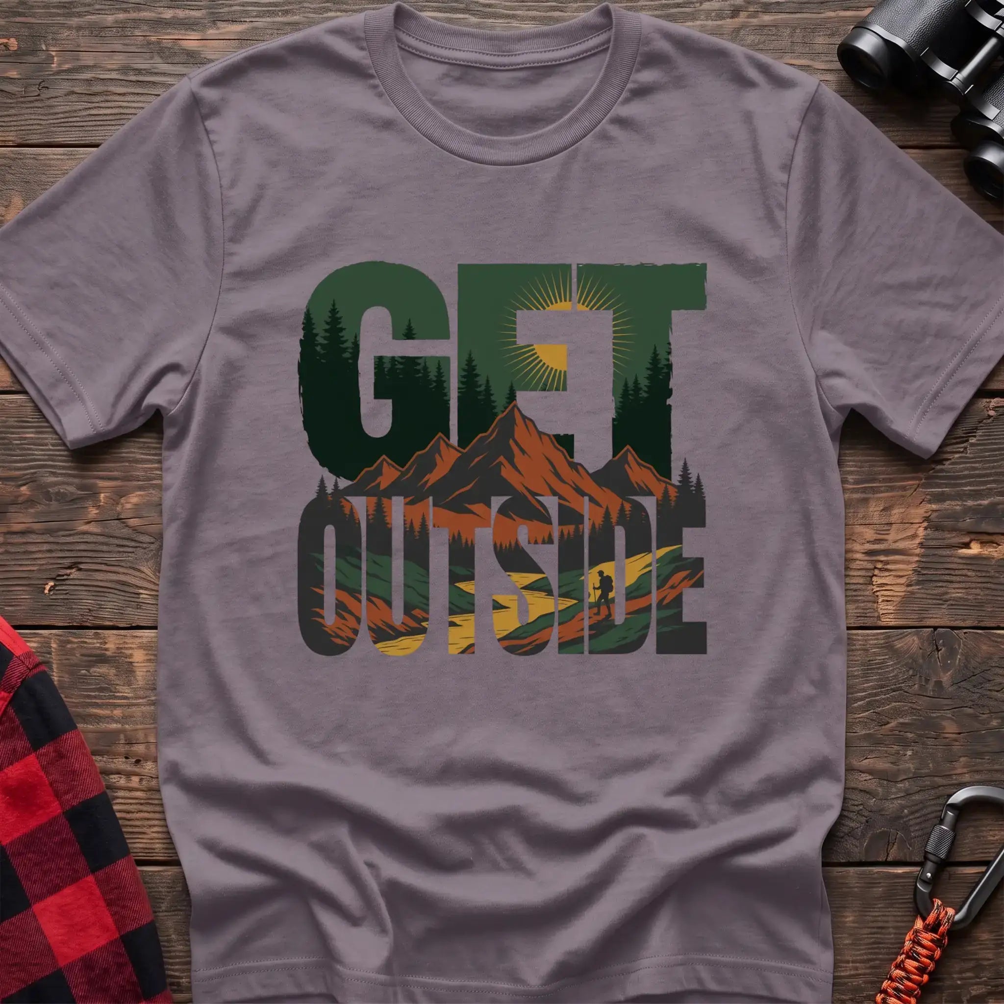 Paragon t-shirt with layered mountain landscape graphic integrated into the text Get Outside