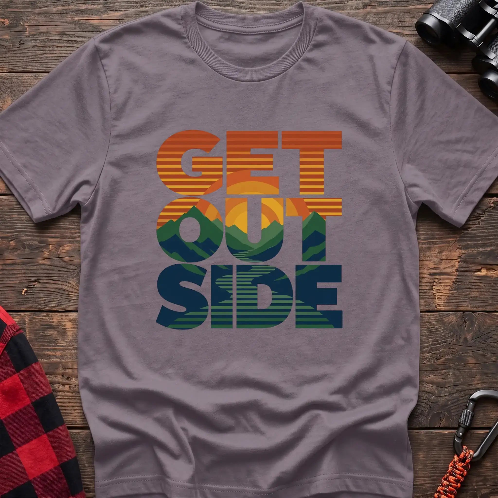Paragon t-shirt with retro sunset and mountain graphic integrated into the text Get Outside