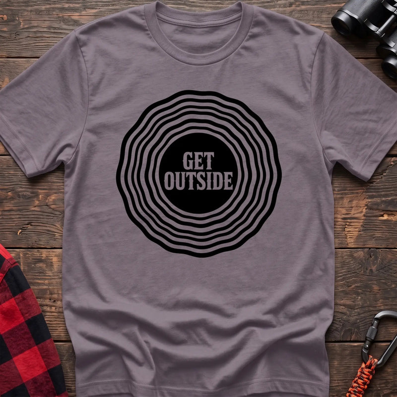 Paragon hiking t-shirt with Get Outside text inside a black topographic ripple circle graphic