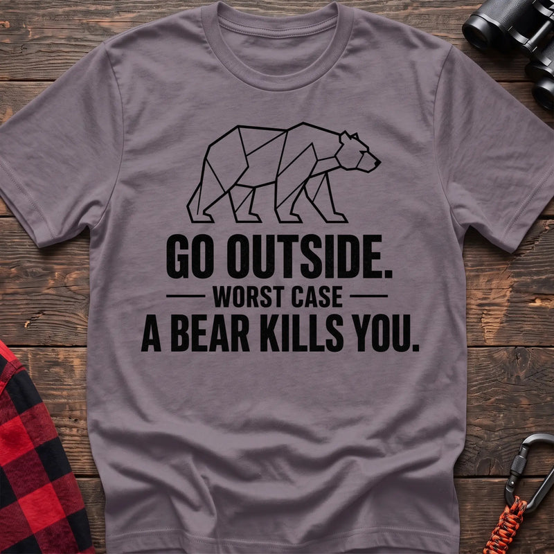 Paragon cotton hiking t-shirt with geometric bear graphic and "Go outside worst case a bear kills you" quote