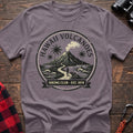 Paragon t-shirt with circular Hawaii Volcanoes badge graphic showing a volcano, palm trees, and a hiker, reading Hiking Club Est 1974