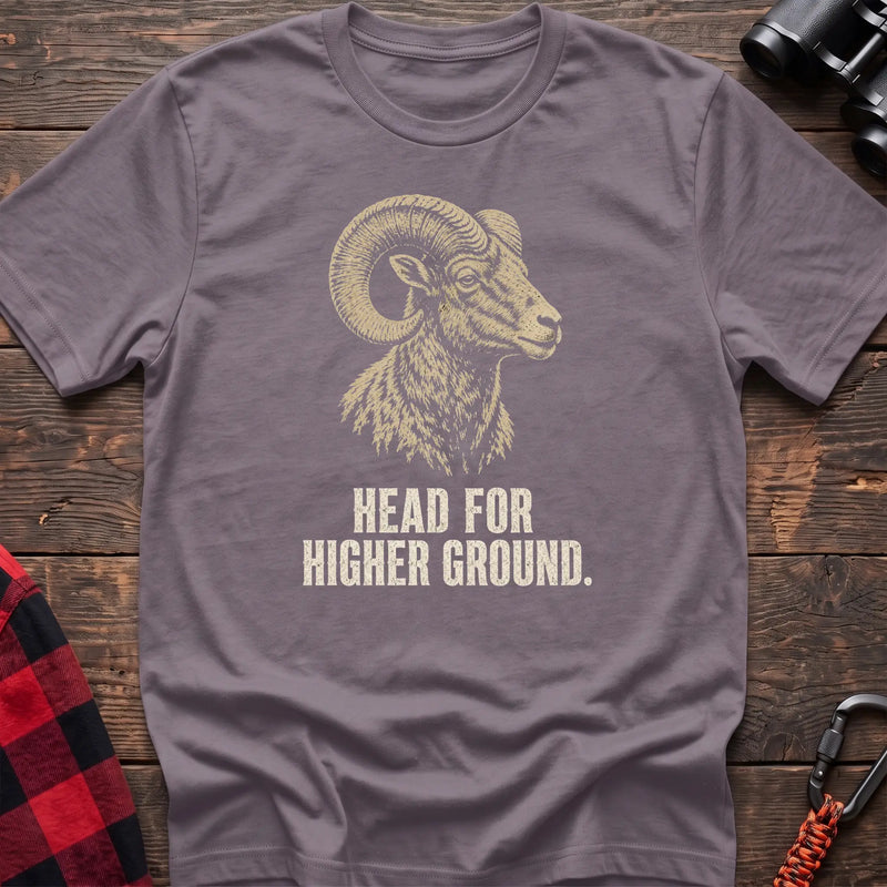 Paragon cotton t-shirt with a bighorn ram graphic and Head for Higher Ground text on rustic wood