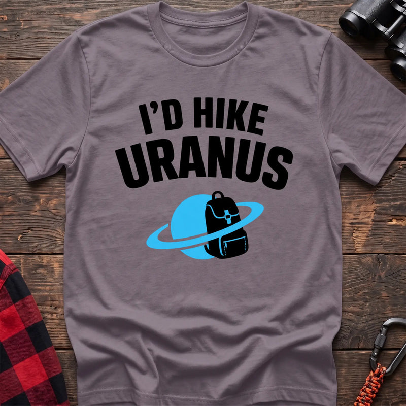 Paragon hiking t-shirt with a backpack-and-planet graphic and the text “I’d Hike Uranus”