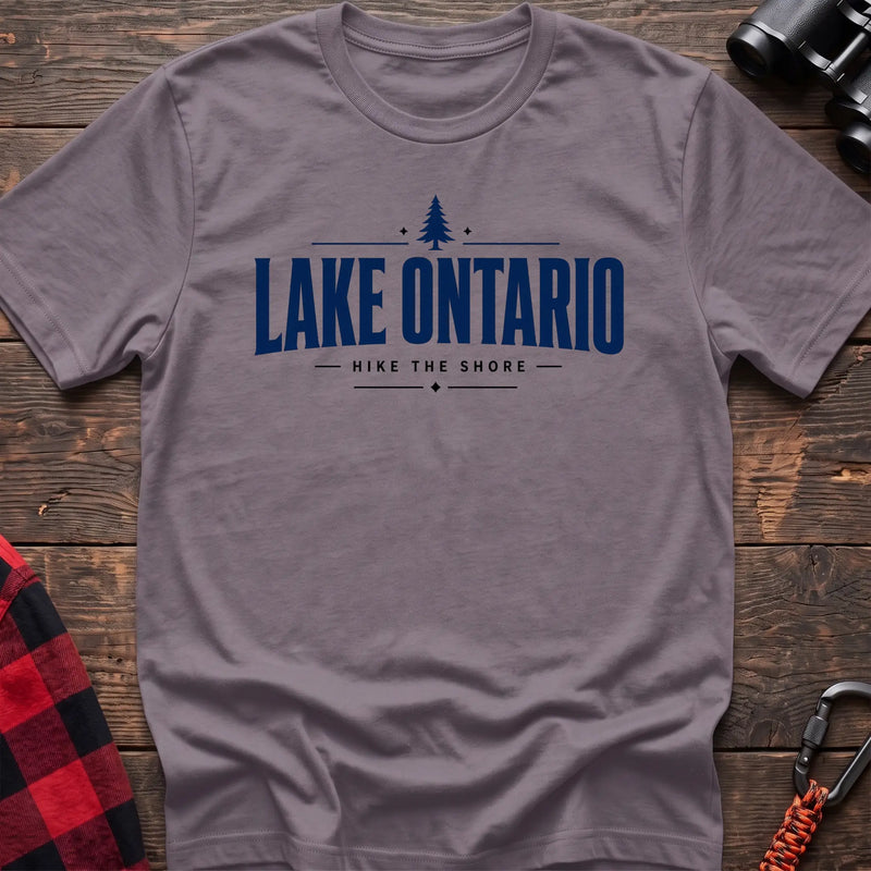 Paragon cotton hiking t-shirt with pine tree icon and "Lake Ontario hike the shore" text