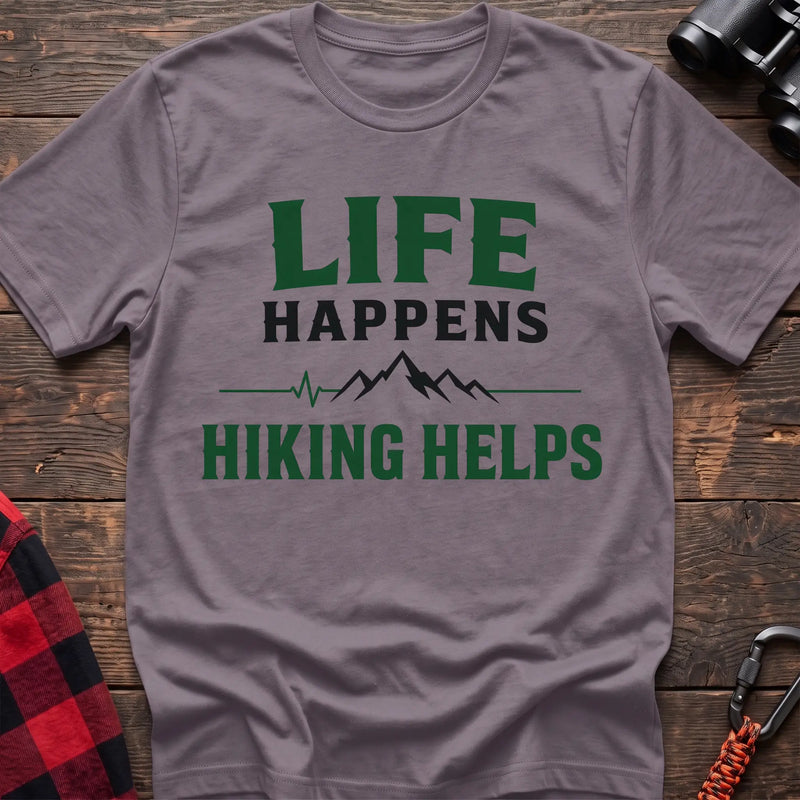 Paragon cotton t-shirt with a mountain heartbeat graphic and Life Happens Hiking Helps text on rustic wood