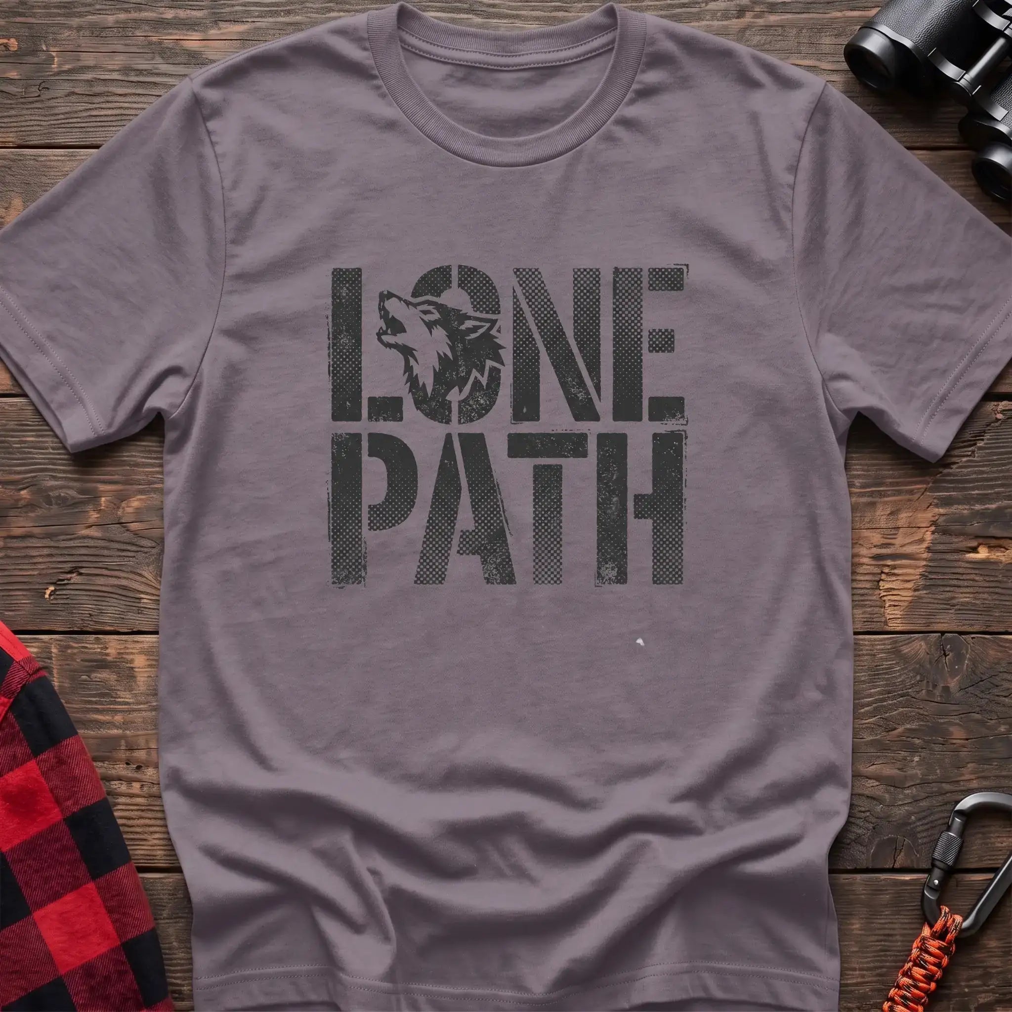 Paragon t-shirt with distressed text reading Lone Path and a wolf silhouette in the letter O