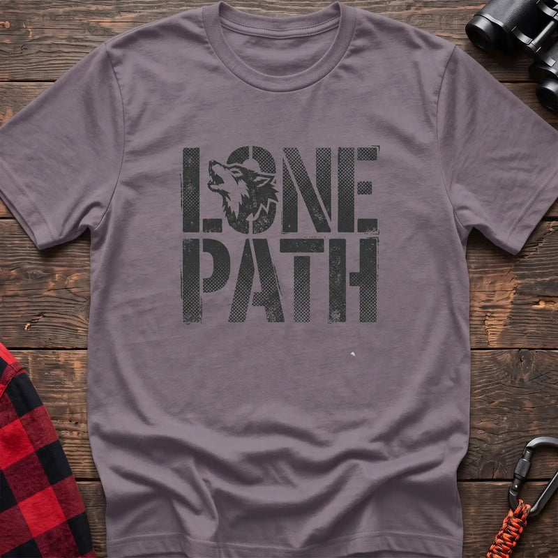 Paragon t-shirt with distressed text reading Lone Path and a wolf silhouette in the letter O