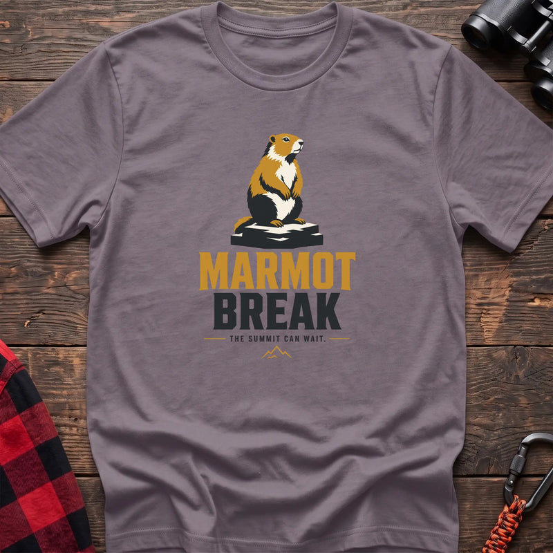 Paragon hiking t-shirt with a sitting marmot graphic and the text “Marmot Break The Summit Can Wait”