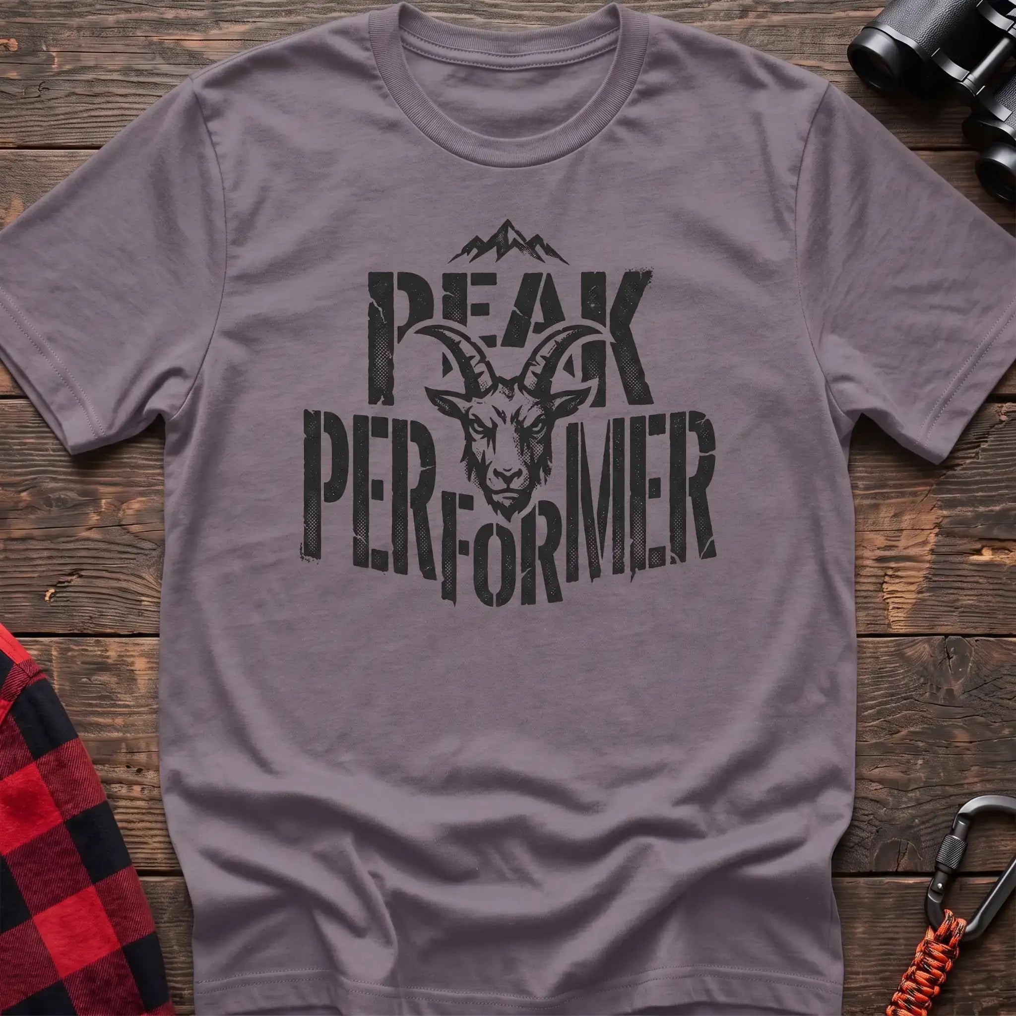 Paragon t-shirt with mountain goat head graphic and the text Peak Performer