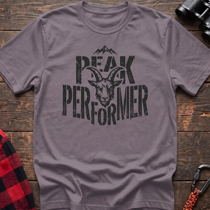 Paragon t-shirt with mountain goat head graphic and the text Peak Performer