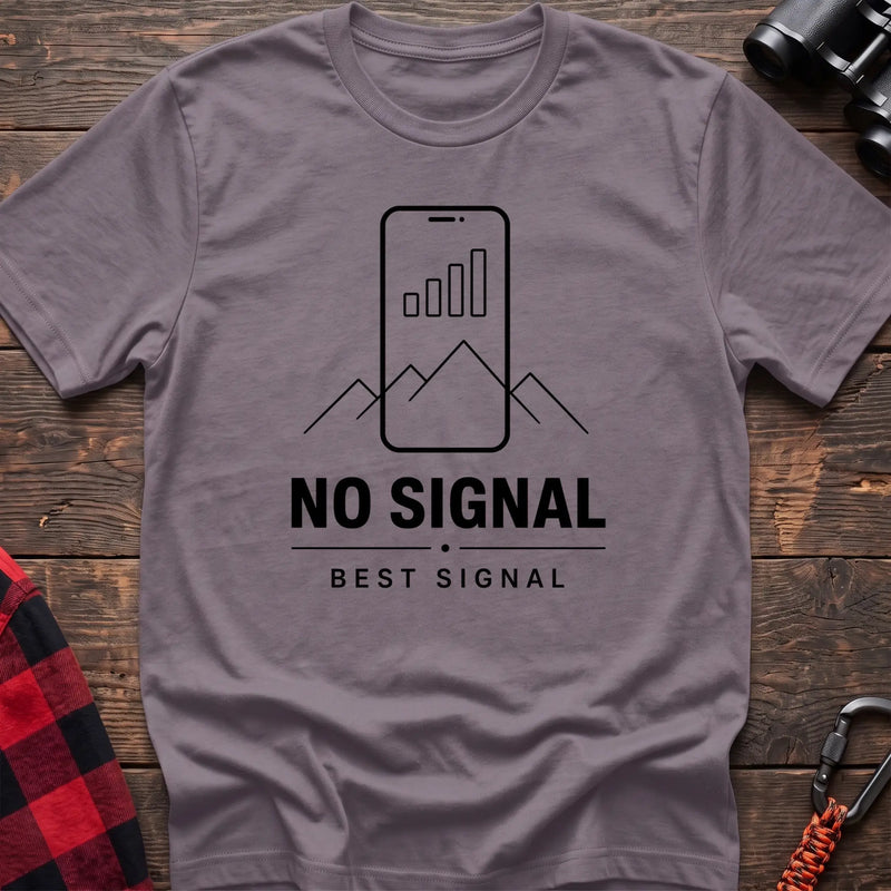 Paragon cotton hiking t-shirt with phone signal bars as mountains graphic and "No signal best signal" quote