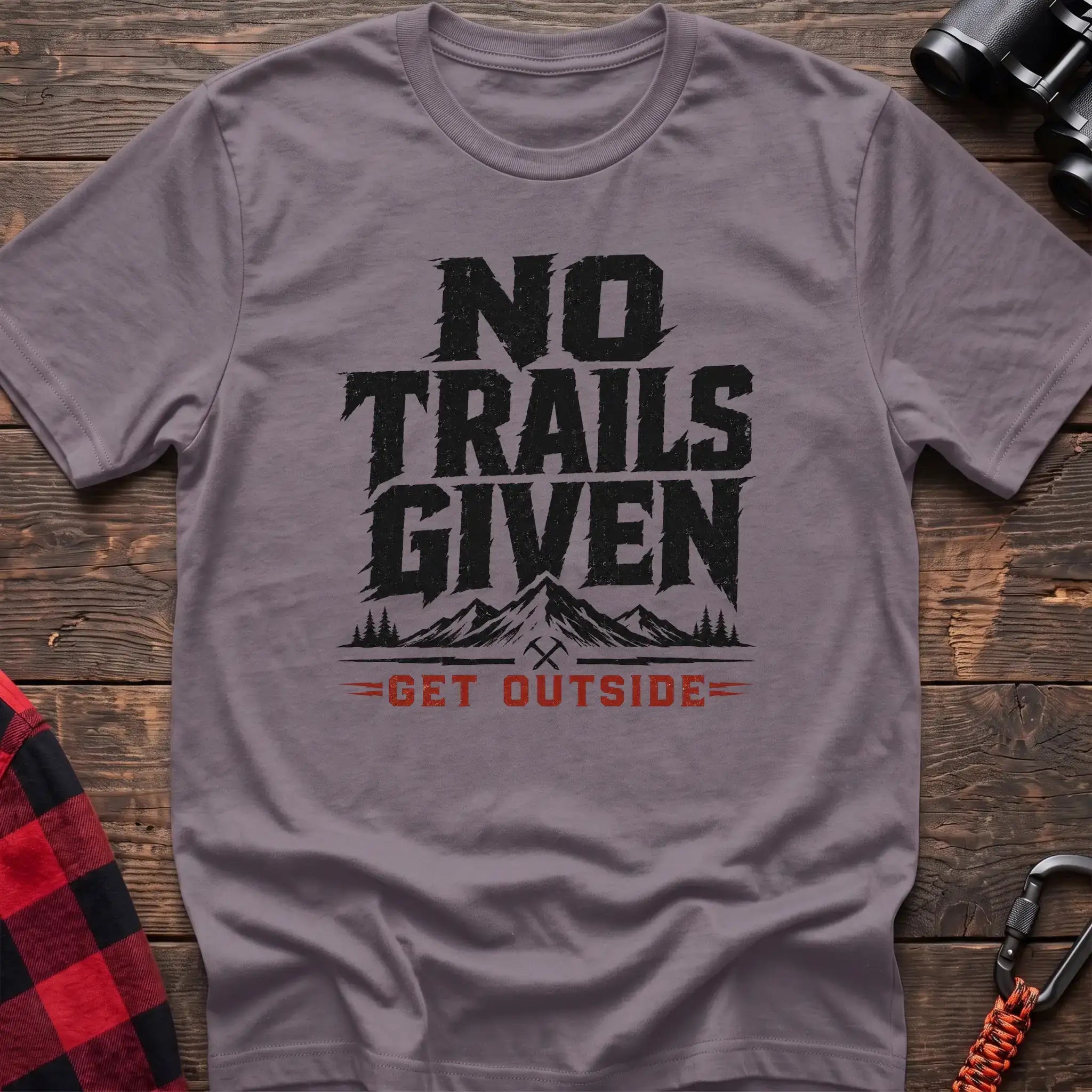 Paragon t-shirt with distressed gray text reading No Trails Given above a mountain graphic and red Get Outside text