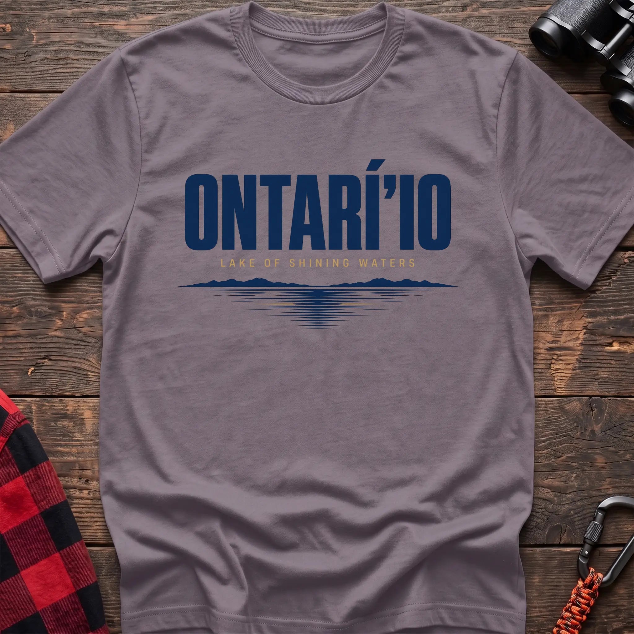 Paragon cotton hiking t-shirt with Ontarí'io Lake of Shining Waters text and stylized lake reflection graphic