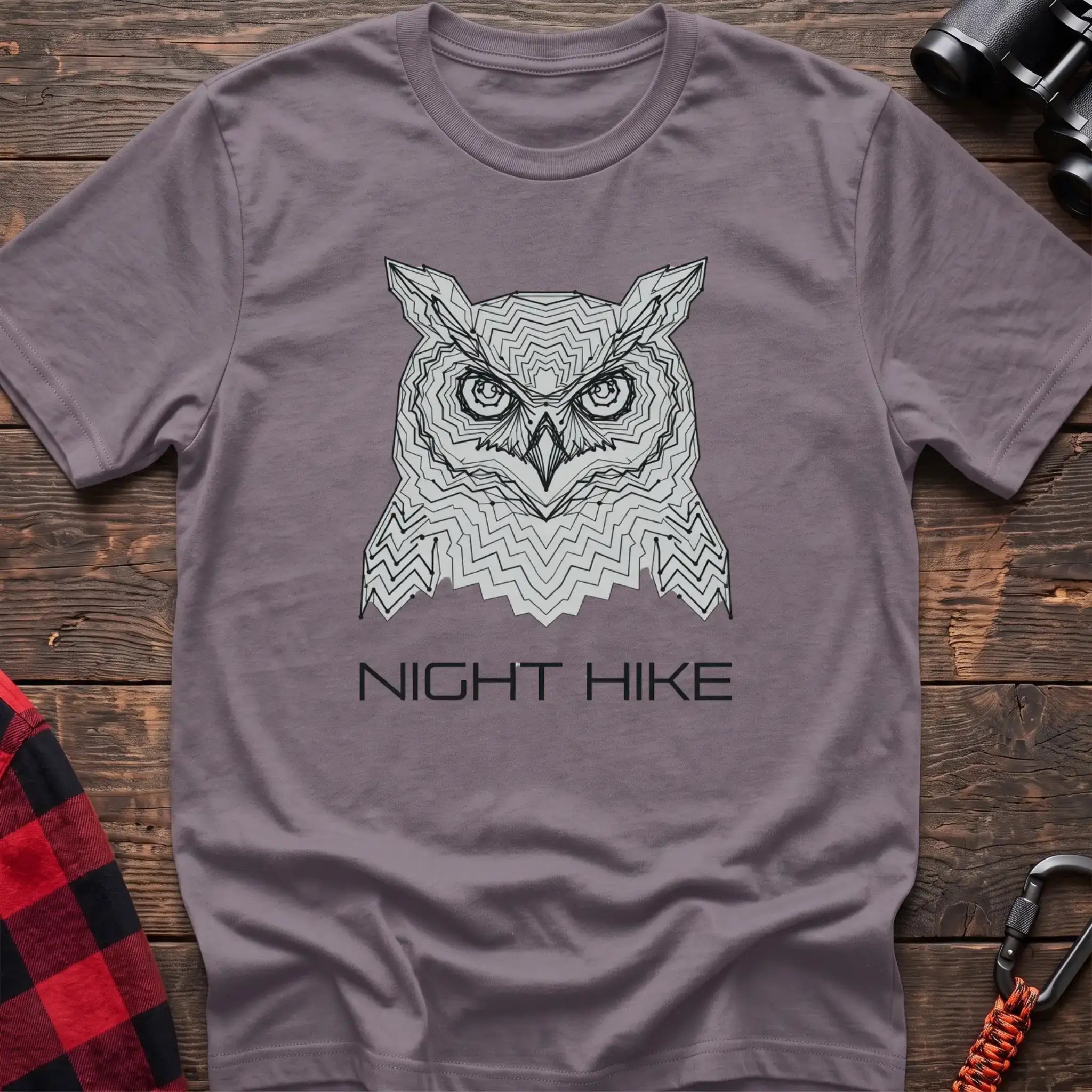 Paragon t-shirt with geometric topographic owl face graphic and the text Night Hike