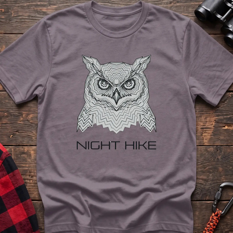 Paragon t-shirt with geometric topographic owl face graphic and the text Night Hike