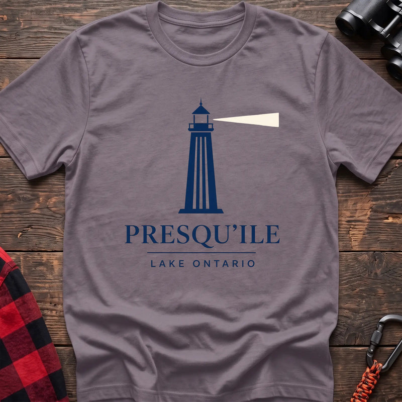 Paragon cotton t-shirt with a navy lighthouse graphic and the text “Presqu’ile Lake Ontario”