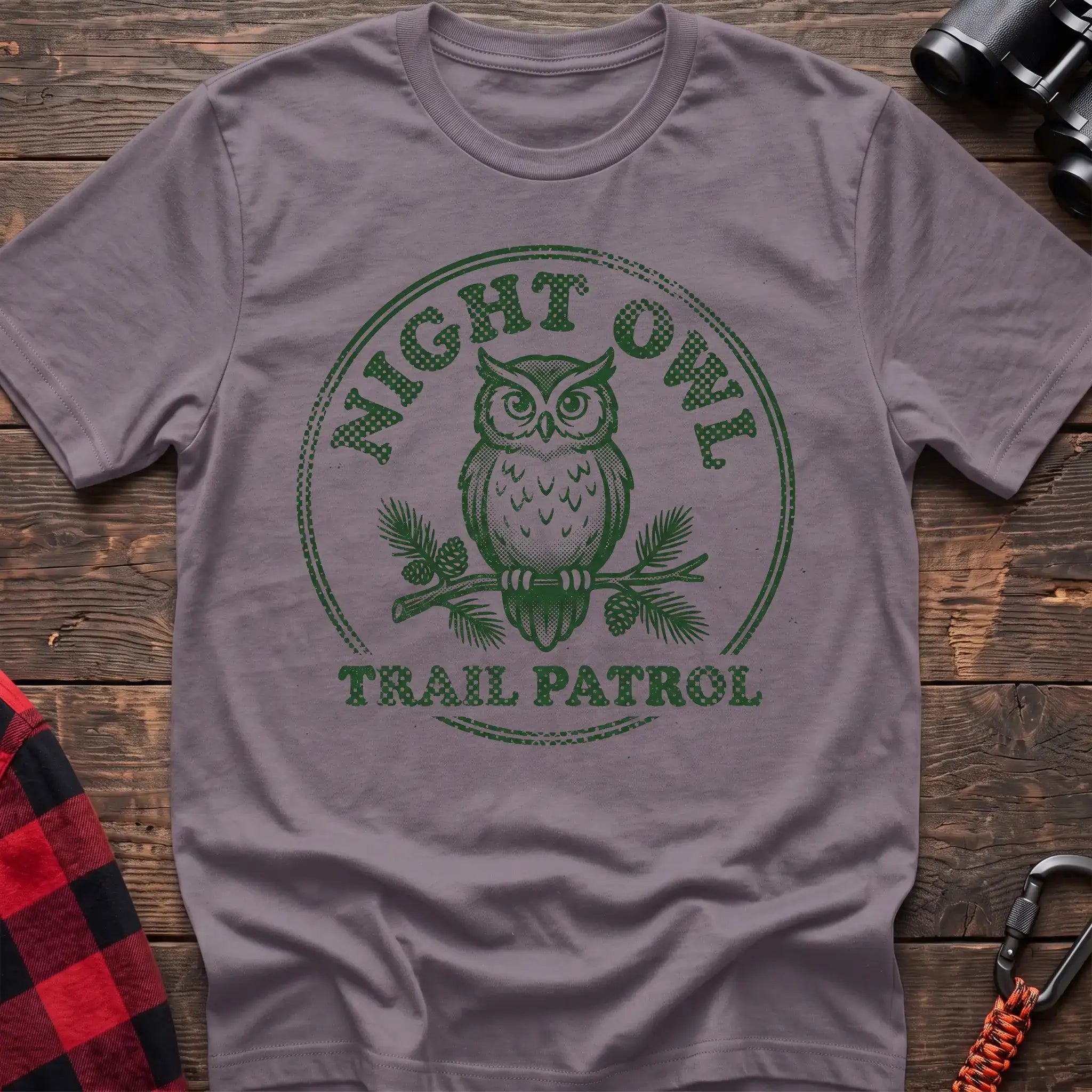 Paragon t-shirt with green owl on a pine branch graphic and the text Night Owl Trail Patrol