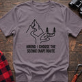 Paragon t-shirt with minimalist mountain trail and hammock graphic reading Hiking I Choose the Scenic Nap Route