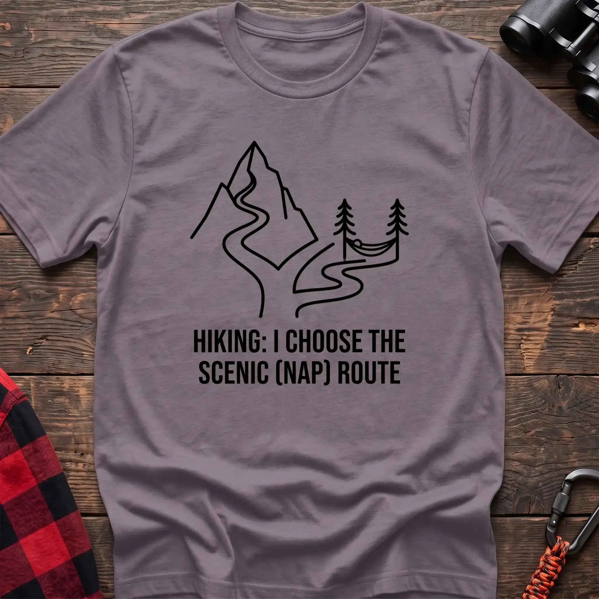 Paragon t-shirt with minimalist mountain trail and hammock graphic reading Hiking I Choose the Scenic Nap Route