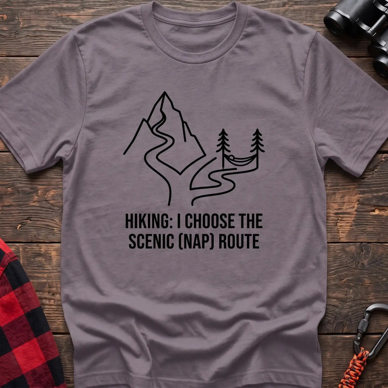 Paragon t-shirt with minimalist mountain trail and hammock graphic reading Hiking I Choose the Scenic Nap Route
