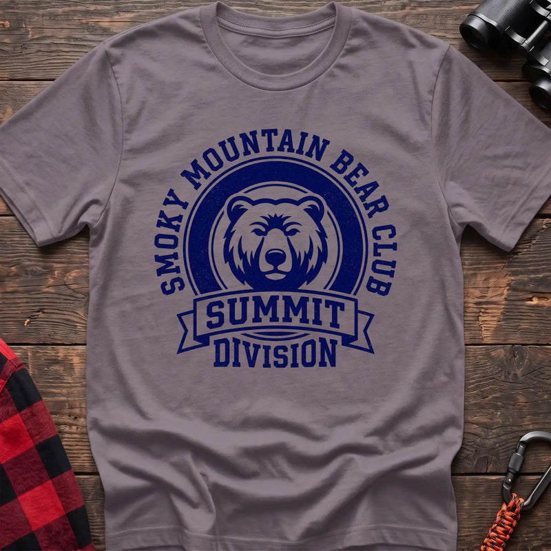 Paragon t-shirt with circular badge graphic of a bear face reading Smoky Mountain Bear Club Summit Division