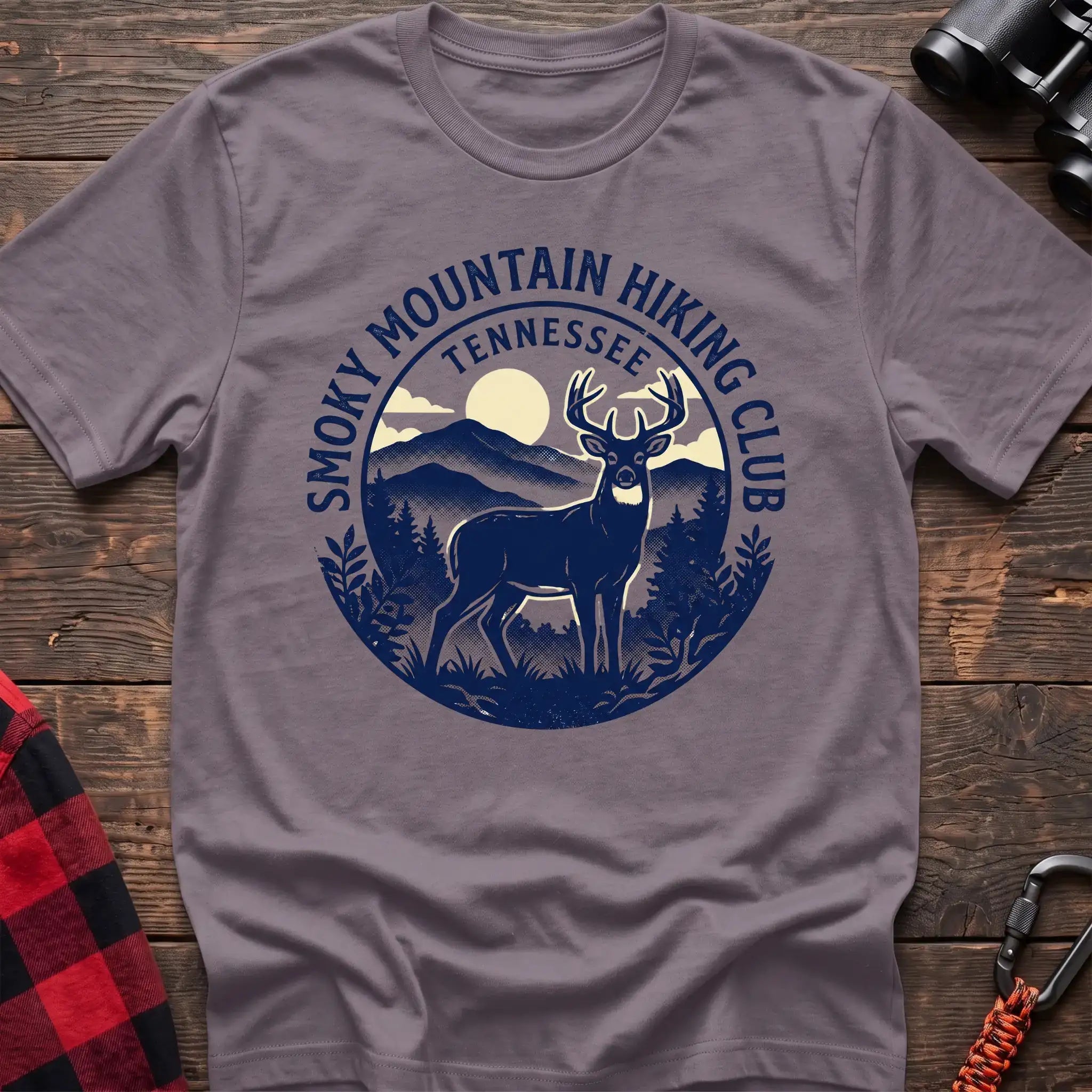 Paragon t-shirt with circular badge graphic of a deer in the mountains reading Smoky Mountain Hiking Club Tennessee
