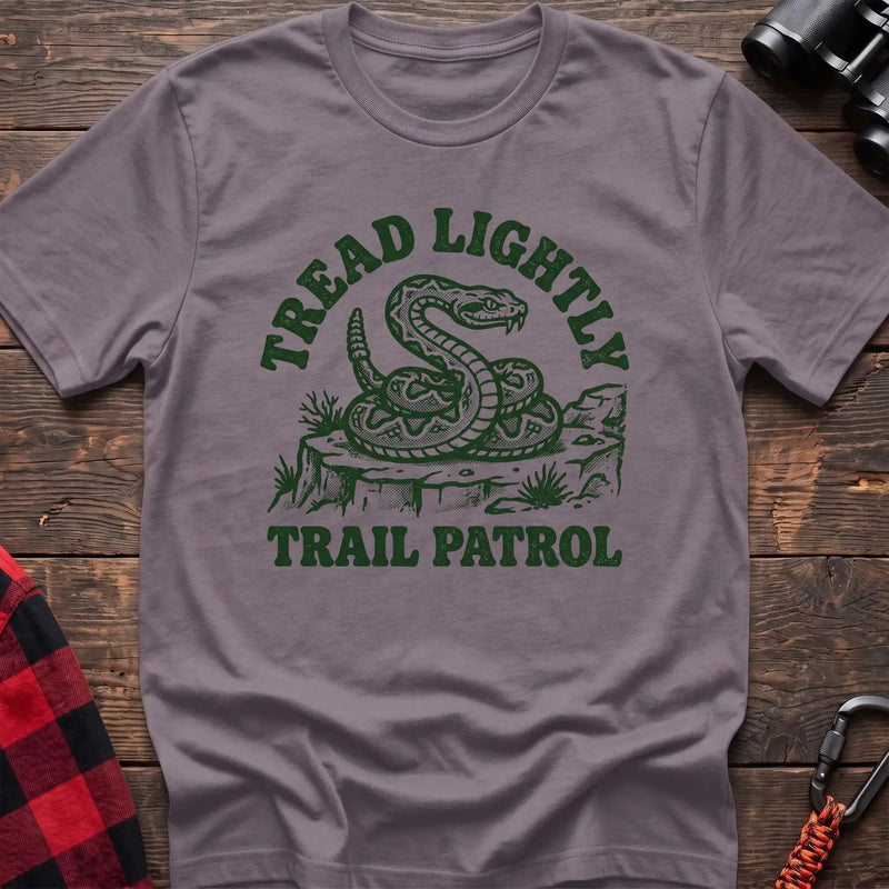 Paragon t-shirt with dark green rattlesnake illustration and the text Tread Lightly Trail Patrol