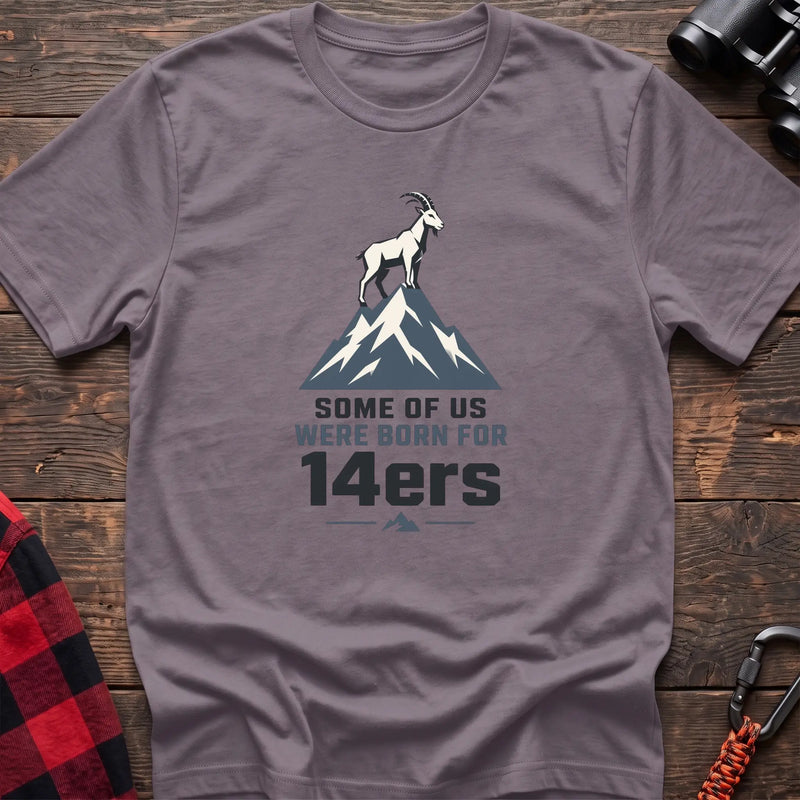 Paragon hiking t-shirt with a mountain goat on a peak and the text “Some of Us Were Born for 14ers”