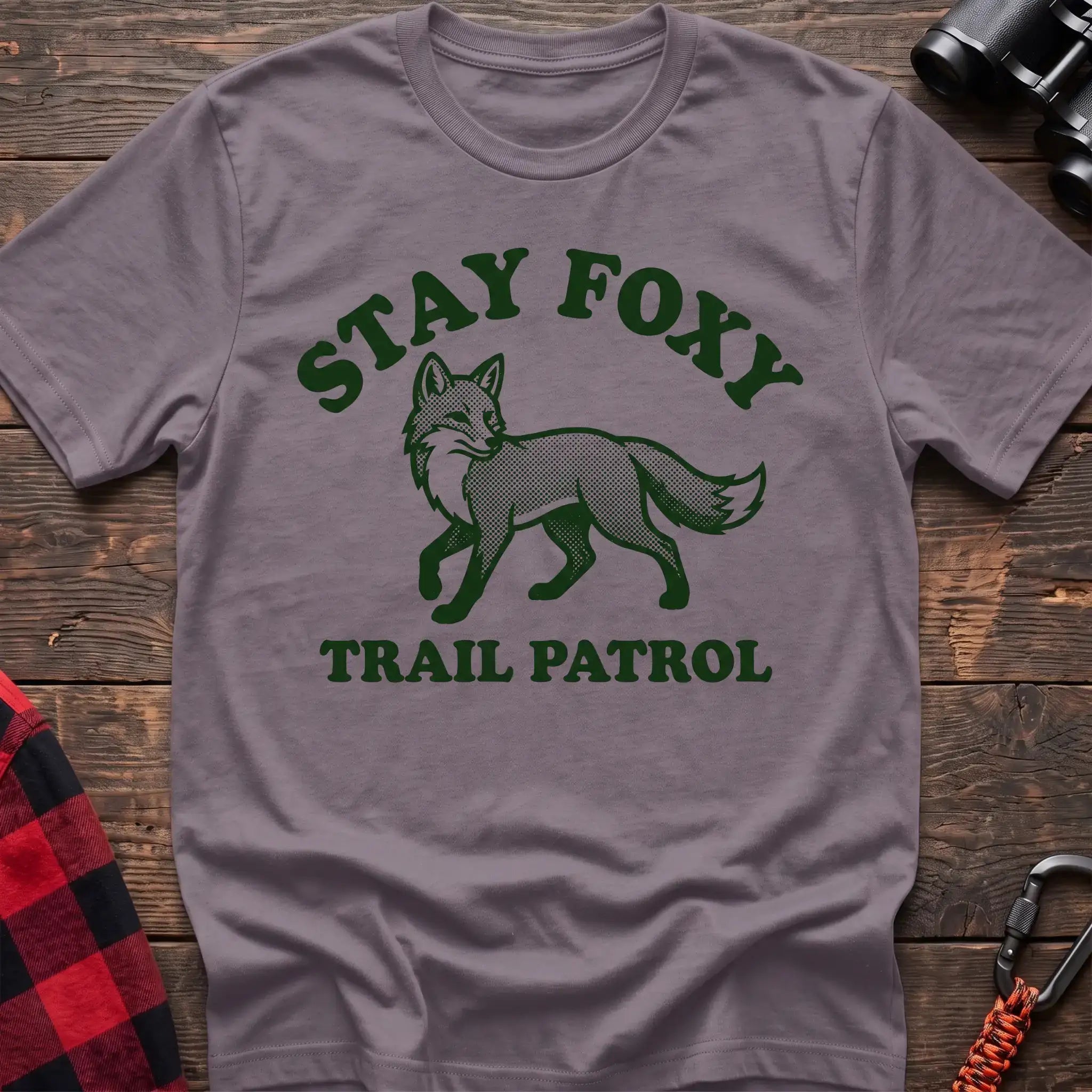 Paragon t-shirt with dark green fox illustration and the text Stay Foxy Trail Patrol