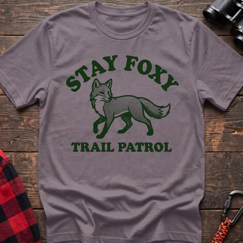 Paragon t-shirt with dark green fox illustration and the text Stay Foxy Trail Patrol