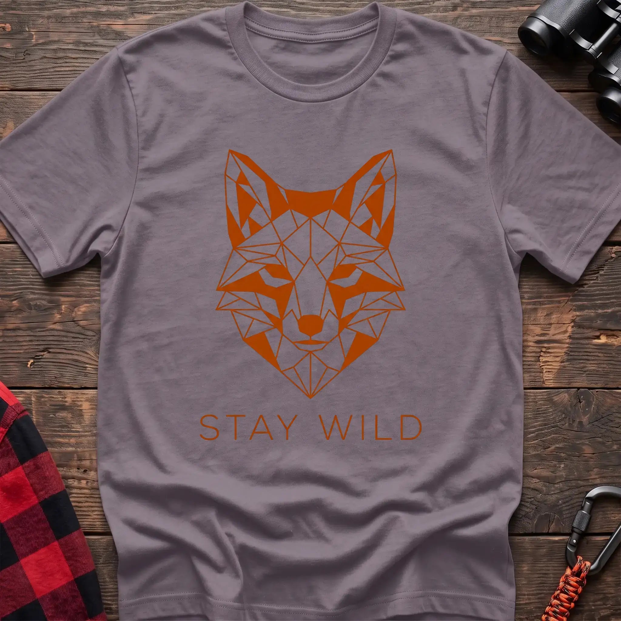 Paragon t-shirt with geometric orange fox head graphic and the text Stay Wild