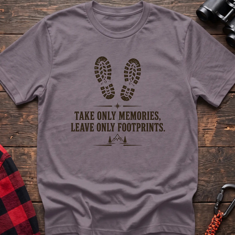 Paragon hiking graphic T-shirt with boot prints and “Take only memories, leave only footprints” trail design