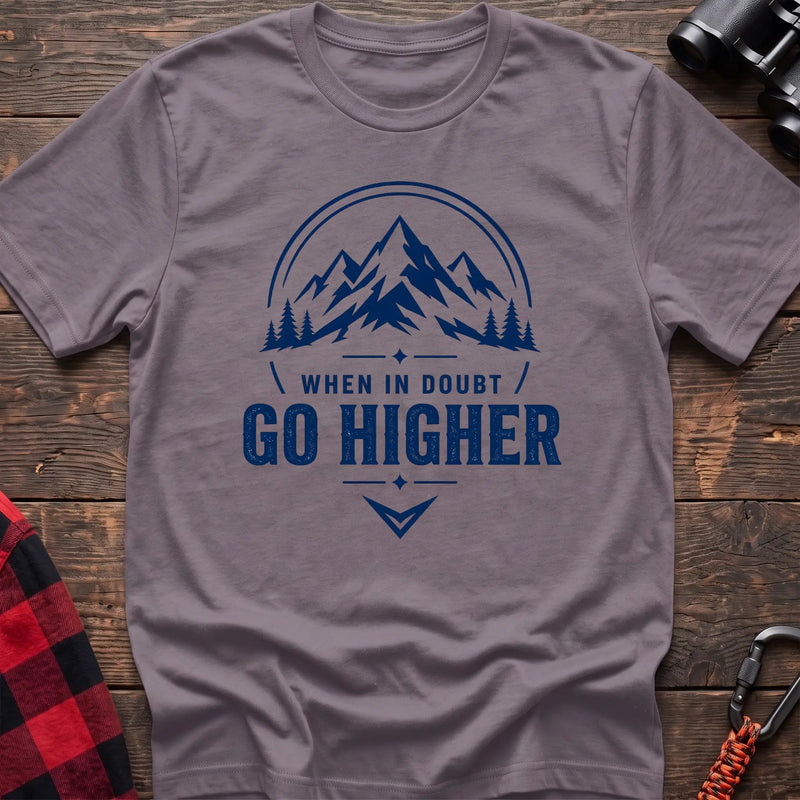Paragon cotton hiking t-shirt with navy mountain and pine tree graphic and "When in doubt go higher" quote