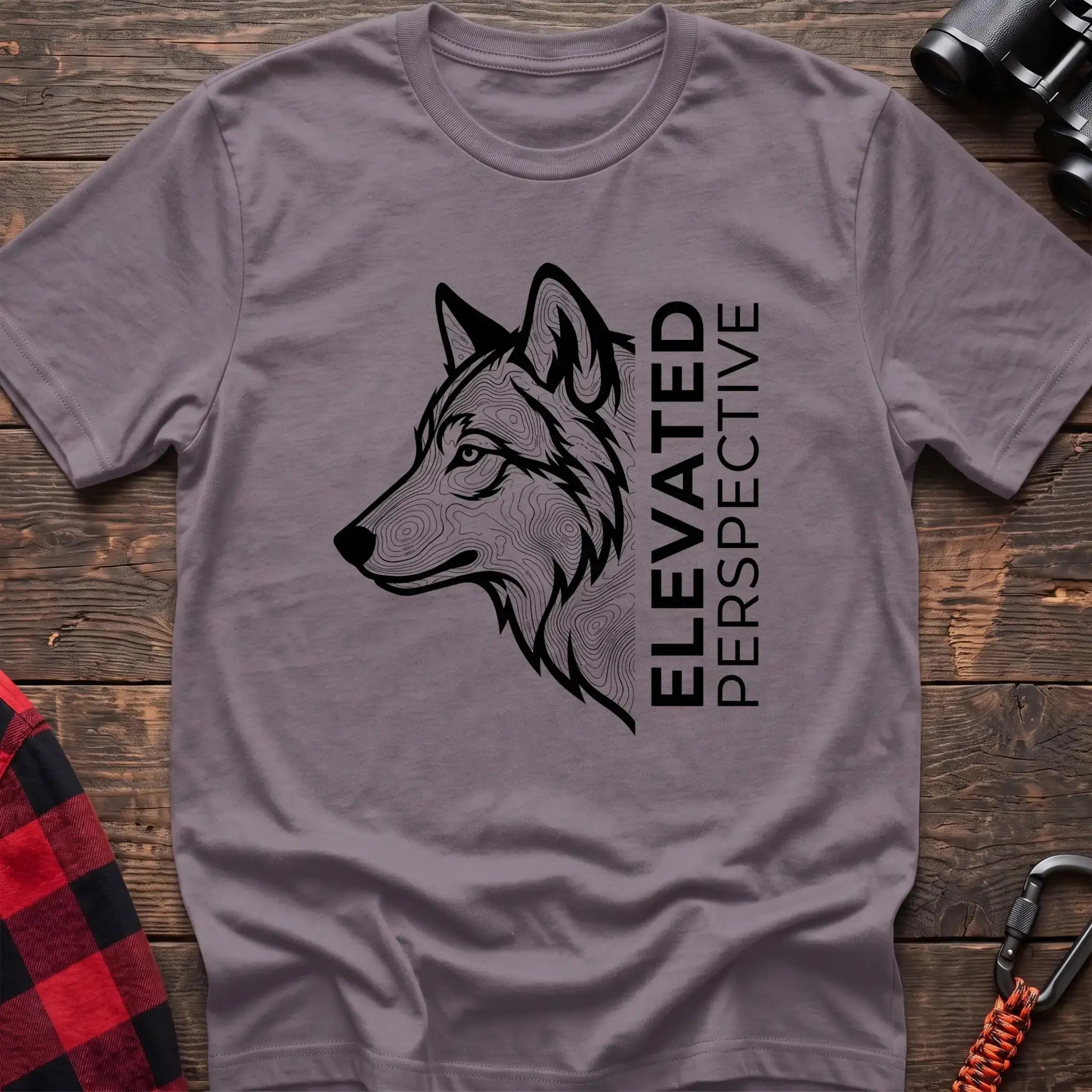 Paragon t-shirt with topographic wolf head graphic and vertical text Elevated Perspective